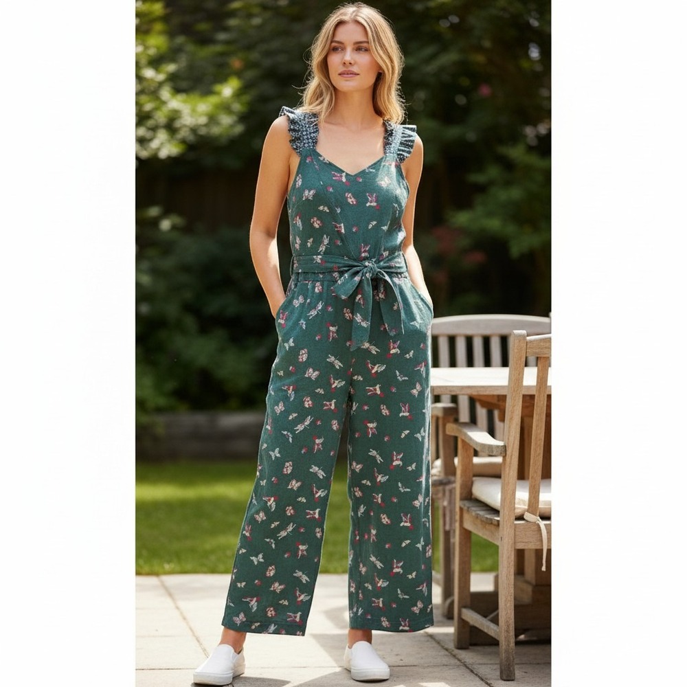Matilda Jane Jumpsuit Womens Medium Green‎ Bird Print Tie Front Wide Leg 1723